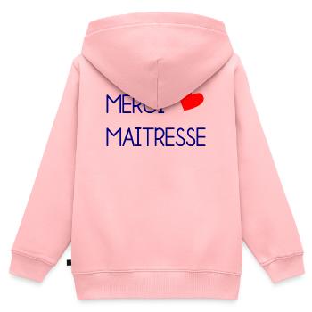 MAÎTRESSE. MAITRE. MERCI. MERCI MAÎTRESSE - Sweat Premium à capuche zippé enfant bio - rose - Dos - AI Model Kid Female (0cm)