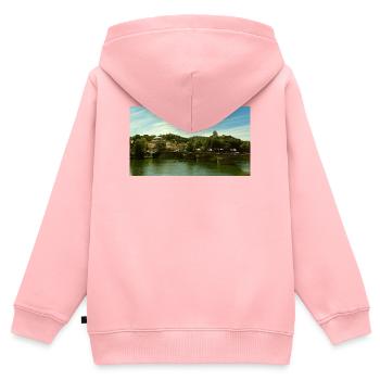 Panorama der Stadt am Fluss und an der Brücke - Kinder Premium Organic Zip Hoodie - Rosa - Hinten - AI Model Kid Female (0cm)