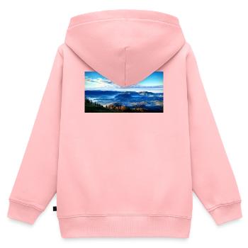 Paysage montagneux matinal de brouillard - Sweat Premium à capuche zippé enfant bio - rose - Dos - AI Model Kid Female (0cm)