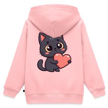 Chat noir cœur tendre - Sweat Premium à capuche zippé enfant bio - rose - Dos - AI Model Kid Female (0cm)