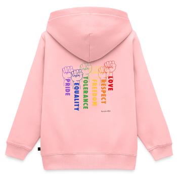 Solidarité et fierté - Sweat Premium à capuche zippé enfant bio - rose - Dos - AI Model Kid Female (0cm)