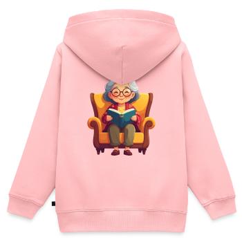 Oma sitzt im Sessel und liest ein Buch - Kinder Premium Organic Zip Hoodie - Rosa - Hinten - AI Model Kid Female (0cm)