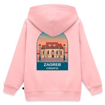 Zagreb Kroatien Vintage-Reiseplakat-Kunst - Kinder Premium Organic Zip Hoodie - Rosa - Hinten - AI Model Kid Female (0cm)