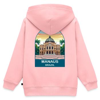 Affiche de voyage à l’Opéra Amazone de Manaus, Brésil - Sweat Premium à capuche zippé enfant bio - rose - Dos - AI Model Kid Female (0cm)