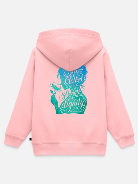 She is clothed in strength & dignity - Kinder Premium Organic Zip Hoodie - Rosa