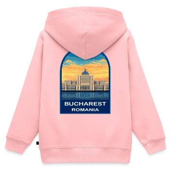 Bukarest Rumäniens Parlament Retro Sonnenuntergangsabzeichen - Kinder Premium Organic Zip Hoodie - Rosa - Hinten - AI Model Kid Female (0cm)