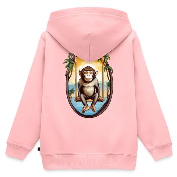 Singe sur balançoire - Sweat Premium à capuche zippé enfant bio - rose - Dos - AI Model Kid Female (0cm)