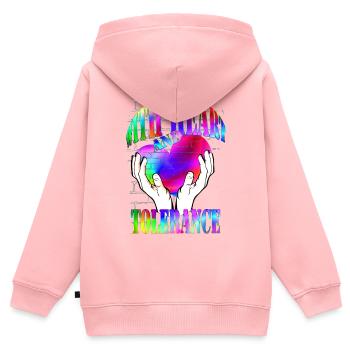 avec cœur et tolérance arc-en-ciel - Sweat Premium à capuche zippé enfant bio - rose - Dos - AI Model Kid Female (0cm)