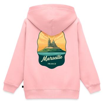Marseille Notre Dame Vintage-Reiseabzeichen - Kinder Premium Organic Zip Hoodie - Rosa - Hinten - AI Model Kid Female (0cm)