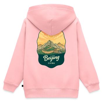 Badge rétro de voyage au coucher de soleil de la Grande Muraille de Pékin - Sweat Premium à capuche zippé enfant bio - rose - Dos - AI Model Kid Female (0cm)