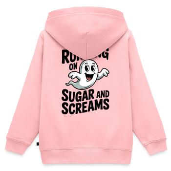 Courir au sucre et aux cris - Sweat Premium à capuche zippé enfant bio - rose - Dos - AI Model Kid Female (0cm)