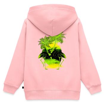 Flamant rose palmier vert jaune - Sweat Premium à capuche zippé enfant bio - rose - Dos - AI Model Kid Female (0cm)
