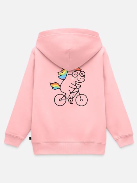 Regenbogen-Einhorn auf Fahrrad - Kinder Premium Organic Zip Hoodie - Rosa