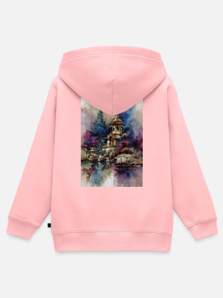 Aquarellgarten der blauen Pagode - Kinder Premium Organic Zip Hoodie - Rosa
