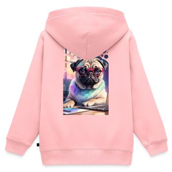 Bureau Chien Carlin avec Ordinateur Portable et Lunettes Roses Pop Art - Sweat Premium à capuche zippé enfant bio - rose - Dos - AI Model Kid Female (0cm)