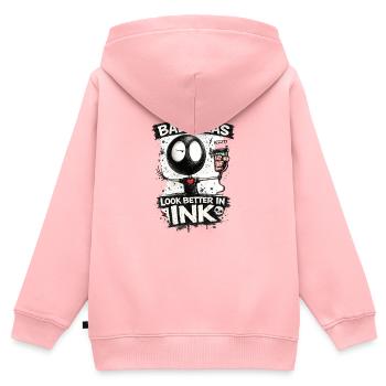 Les mauvaises idées sont mieux faites à l’encre - Sweat Premium à capuche zippé enfant bio - rose - Dos - AI Model Kid Female (0cm)