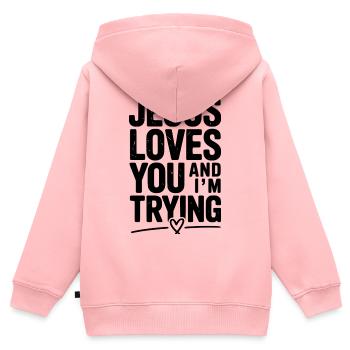 Jesus liebt dich und ich versuche es - Kinder Premium Organic Zip Hoodie - Rosa - Hinten - AI Model Kid Female (0cm)