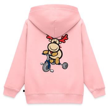 Lachendes Comic-Rentier fährt Dreirad - Kinder Premium Organic Zip Hoodie - Rosa - Hinten - AI Model Kid Female (0cm)