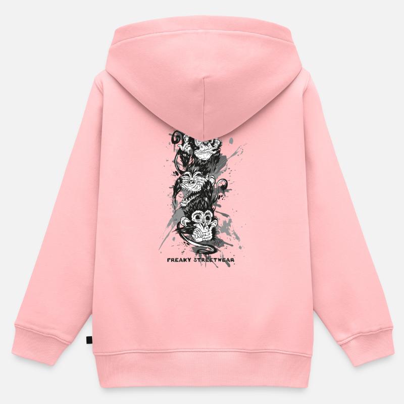 Trois singes - Sweat Premium à capuche zippé enfant bio - rose