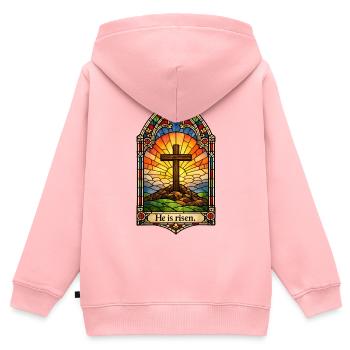 Résurrection Il est Jésus de Pâques ressuscité - Sweat Premium à capuche zippé enfant bio - rose - Dos - AI Model Kid Female (0cm)