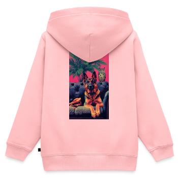 Chien au néon et hibou dans les tropiques - Sweat Premium à capuche zippé enfant bio - rose - Dos - AI Model Kid Female (0cm)
