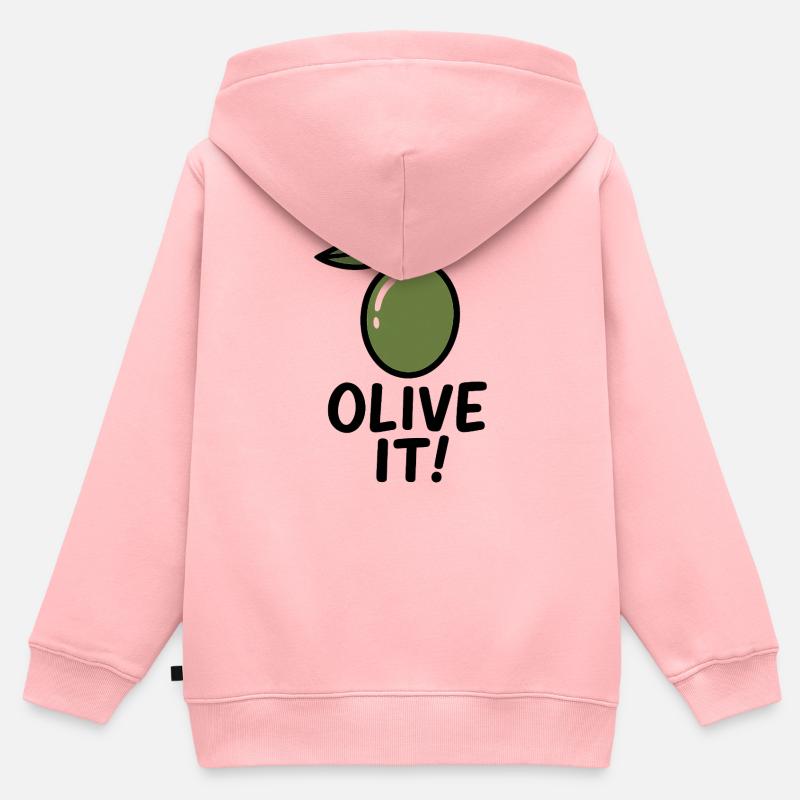 Illustration d’olive avec slogan - Sweat Premium à capuche zippé enfant bio - rose