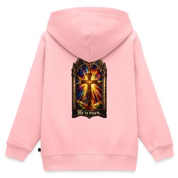 Résurrection Il est Jésus de Pâques ressuscité - Sweat Premium à capuche zippé enfant bio - rose - Dos - AI Model Kid Female (0cm)