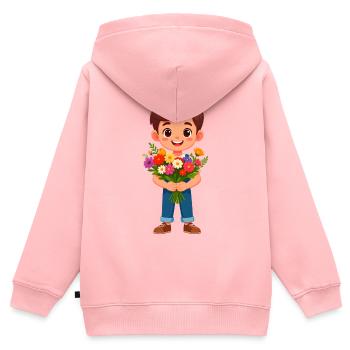 Garçon de dessins animés avec un bouquet coloré de fleurs – Cadeau - Sweat Premium à capuche zippé enfant bio - rose - Dos - AI Model Kid Female (0cm)