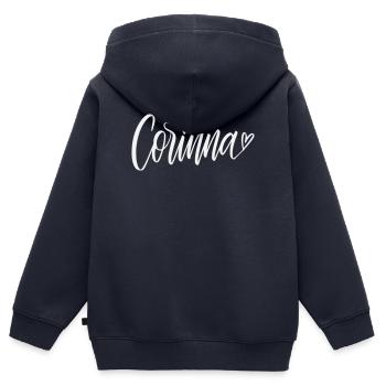 Corinna Écriture manuscrite avec cœur - Sweat Premium à capuche zippé enfant bio - bleu marine - Dos - AI Model Kid Male (0cm)