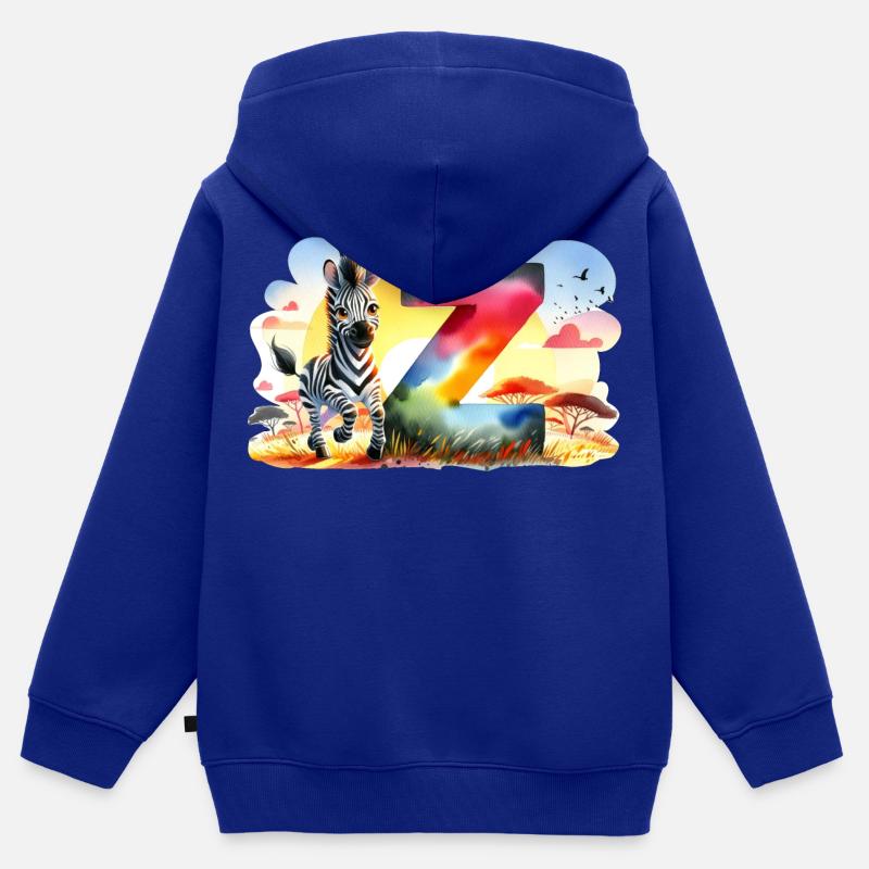 Z comme Zèbre Savane - Sweat Premium à capuche zippé enfant bio - bleu roi
