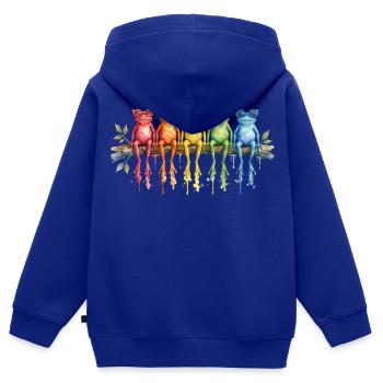 Cinq grenouilles colorées avec des lunettes rétro - Sweat Premium à capuche zippé enfant bio - bleu roi - Dos - AI Model Kid Male (0cm)