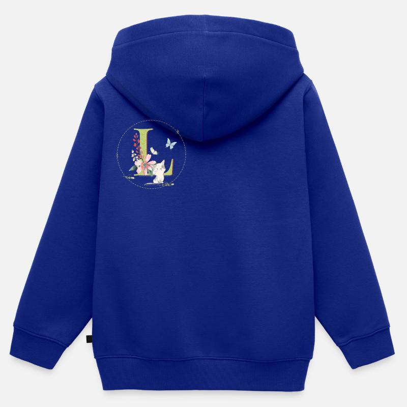 Lettre initiale L avec chat - Sweat Premium à capuche zippé enfant bio - bleu roi