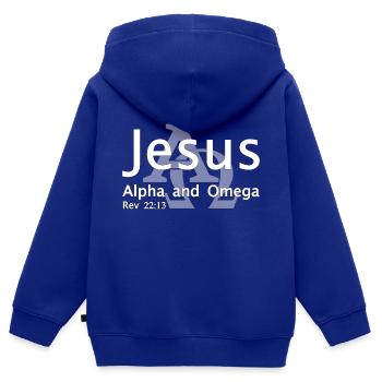 Christian Design Jésus, Alpha et Oméga - Sweat Premium à capuche zippé enfant bio - bleu roi - Dos - AI Model Kid Male (0cm)