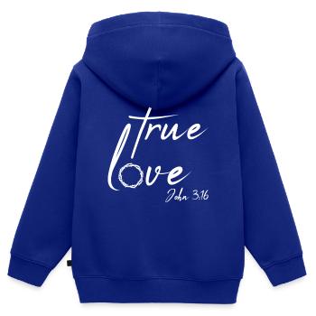 Christian Design True Love Jean 3 verset 16 - Sweat Premium à capuche zippé enfant bio - bleu roi - Dos - AI Model Kid Male (0cm)