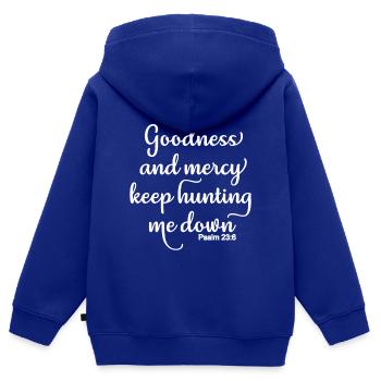 Christliches Design Güte und Barmherzigkeit jagen weiter - Kinder Premium Organic Zip Hoodie - Royalblau - Hinten - AI Model Kid Male (0cm)