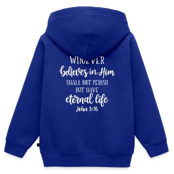 Christliches Design Wer an Ihn glaubt, hat - Kinder Premium Organic Zip Hoodie - Royalblau - Hinten - AI Model Kid Male (0cm)