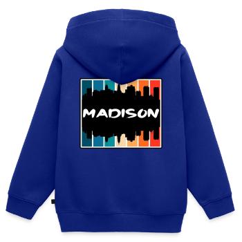 Madison Wisconsin États-Unis Skyline Silhouette Voyage So - Sweat Premium à capuche zippé enfant bio - bleu roi - Dos - AI Model Kid Male (0cm)