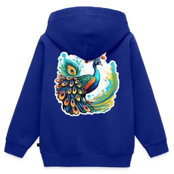 Paon / Animal / Zoo / Plumage / Beauté naturelle - Sweat Premium à capuche zippé enfant bio - bleu roi - Dos - AI Model Kid Male (0cm)