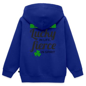 Irish Girl : Humour chanceux et féroce - Sweat Premium à capuche zippé enfant bio - bleu roi - Dos - AI Model Kid Male (0cm)