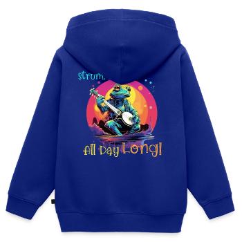 Frosch spielt den ganzen Tag Banjo, Strumm, Clank - Kinder Premium Organic Zip Hoodie - Royalblau - Hinten - AI Model Kid Male (0cm)
