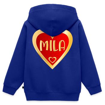 PRÉNOM FILLE MILA HEART - Sweat Premium à capuche zippé enfant bio - bleu roi - Dos - AI Model Kid Male (0cm)
