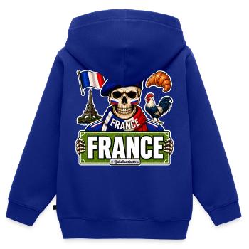 SkullCostume Édition Mondiale : France - Sweat Premium à capuche zippé enfant bio - bleu roi - Dos - AI Model Kid Male (0cm)