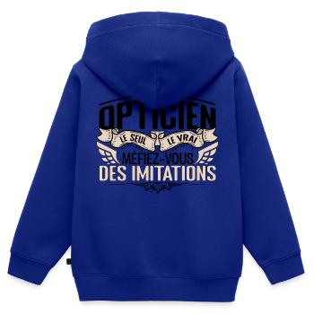 Opticien cadeau Opticien le vrai Opticien - Sweat Premium à capuche zippé enfant bio - bleu roi - Dos - AI Model Kid Male (0cm)