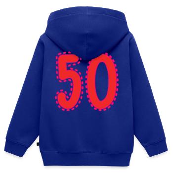 50. 50 JAHRE. 50-JÄHRIGES JUBILÄUM. 50-JÄHRIGES JUBILÄUM. - Kinder Premium Organic Zip Hoodie - Royalblau - Hinten - AI Model Kid Male (0cm)