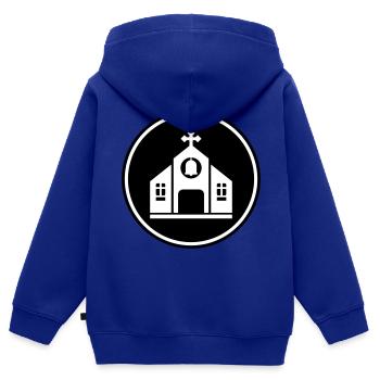 La foi dans l’Église - Sweat Premium à capuche zippé enfant bio - bleu roi - Dos - AI Model Kid Male (0cm)