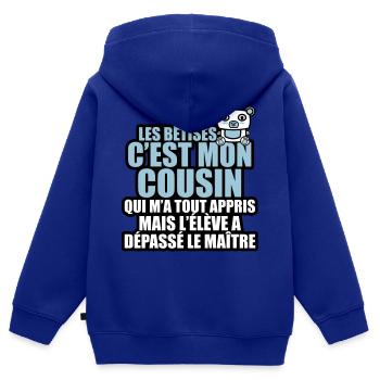 les bêtises c'est mon cousin qui m'a tout appris - Sweat Premium à capuche zippé enfant bio - bleu roi - Dos - AI Model Kid Male (0cm)
