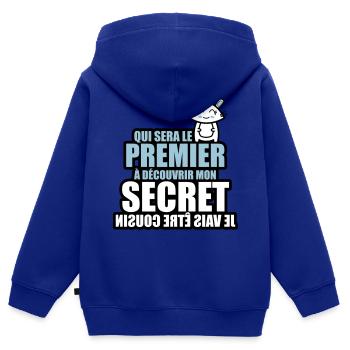 qui sera 1er à découvrir mon secret être cousin - Sweat Premium à capuche zippé enfant bio - bleu roi - Dos - AI Model Kid Male (0cm)