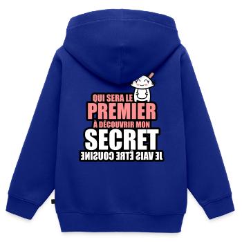 qui sera 1er à decouvrir mon secret être cousine - Sweat Premium à capuche zippé enfant bio - bleu roi - Dos - AI Model Kid Male (0cm)