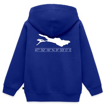 Lac de Constance | Coordonnées | Blanc - Sweat Premium à capuche zippé enfant bio - bleu roi - Dos - AI Model Kid Male (0cm)