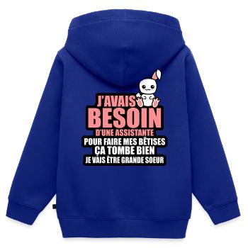 besoin d'une assistante je vais être grande soeur - Sweat Premium à capuche zippé enfant bio - bleu roi - Dos - AI Model Kid Male (0cm)